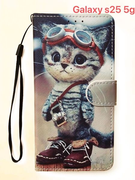 Galaxy S25 ケース SC-51F SCG31 手帳型 レザー カバー かわいい 子猫 猫プリント ストラップホール付
