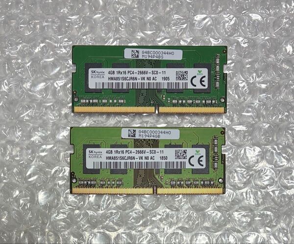 PC用メモリ SK hynix DDR4 PC-2666V 4GB 2枚セット 合計8GB 正常動作確認済 ノート用メモリ