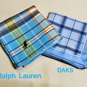Polo Ralph LaurenとDAKSのハンカチ2枚セット チェック柄 ブルー系 ラルフローレン ダックス(未使用)