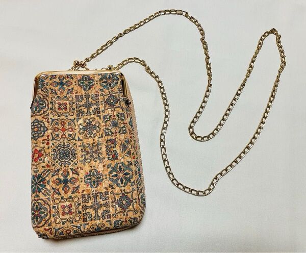 【未使用】お財布ショルダー 長財布 スマホポーチ お財布バッグ コルク生地 ゴールド ALTROSE タグ付き がま口 ポシェット