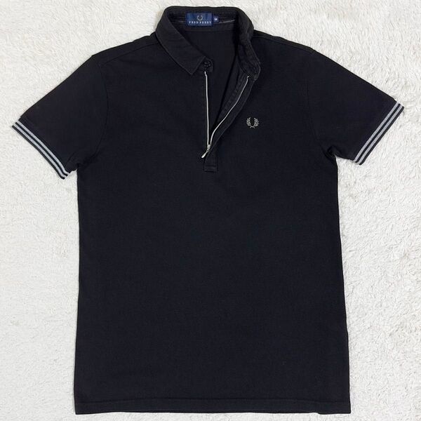 FRED PERRY/フレッドペリー 半袖 鹿の子 ポロシャツ 刺繍ロゴ ティップライン ブラック×シルバー 黒×銀 M