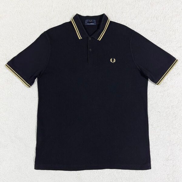 希少サイズ/美品◎FRED PERRY フレッドペリー 半袖 鹿の子 ポロシャツ M12 黒×金 ブラック×ゴールド 46 3XL