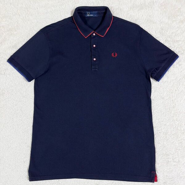 美品/FRED PERRY フレッドペリー 半袖 鹿の子 ポロシャツ 刺繍ロゴ ネイビー 紺 L