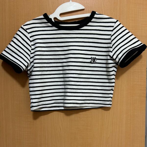 WOOALONG ボーダー柄クロップド丈半袖Tシャツ