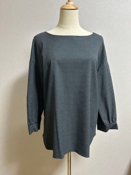 美品 アンタイトル 七分袖 ブラウス 大きいサイズ チェック 44 ボリューム袖 バックボタン