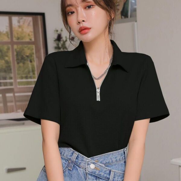 【新品未使用】SHEIN DAZY ワッフルニット ハーフジップ 半袖Tシャツ