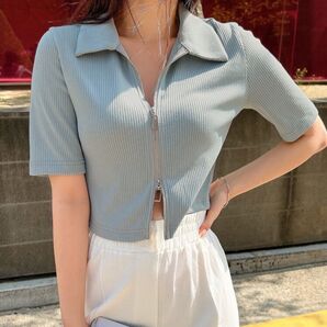 【新品未使用】SHEIN DAZY リブニット ジッパーアップ フロント クロップシャツ