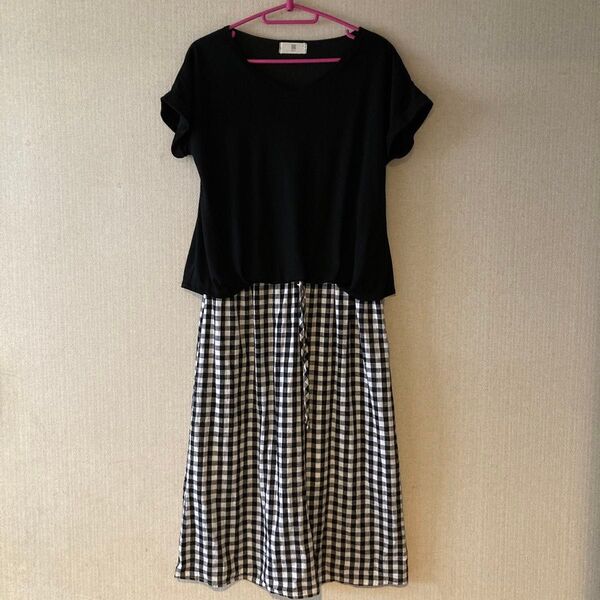 r.p.s 黒のVネックチェック柄ドッキングワンピース Mサイズ