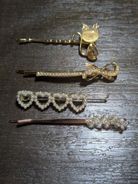ヘアピン4個セット ゴールド パール ハート 猫ちゃん