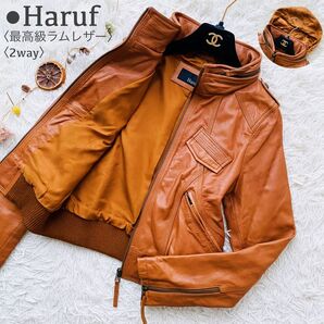 美品 最高級ラムレザー Haruf ハルフ 2way フード リブニット レザージャケット ライダースジャケット レディース