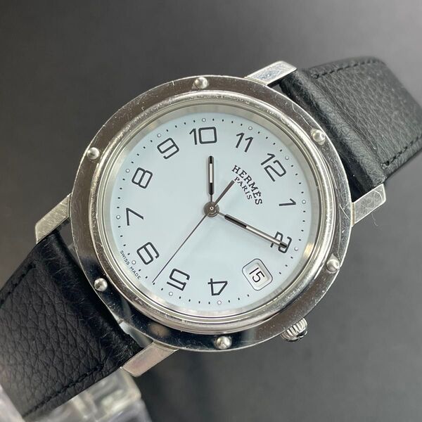 【良品 正規品】 エルメス クリッパー 腕時計 メンズ ホワイト 3針 デイト HERMES 可動品 【2505He8】