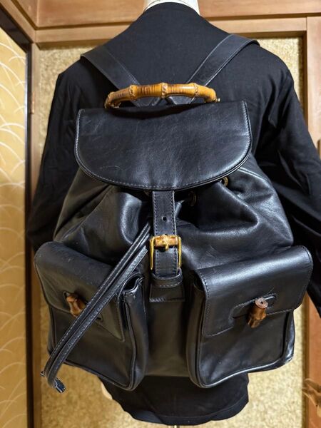 GUCCI グッチ ブラック bamboo バンブー レザー リュック バックパック バッグ ポケット付き