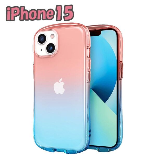iPhone15ケース ピーチ&グリーン アイフォンカバー クリア 韓国 ワイヤレス充電 グラデーションカラー ifaceタイプ