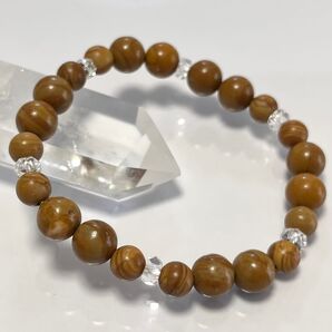 【自然の癒し】グレイニネス 珪化木 木紋石 ボタンカット水晶 パワーストーンブレスレット 天然石 木の化石