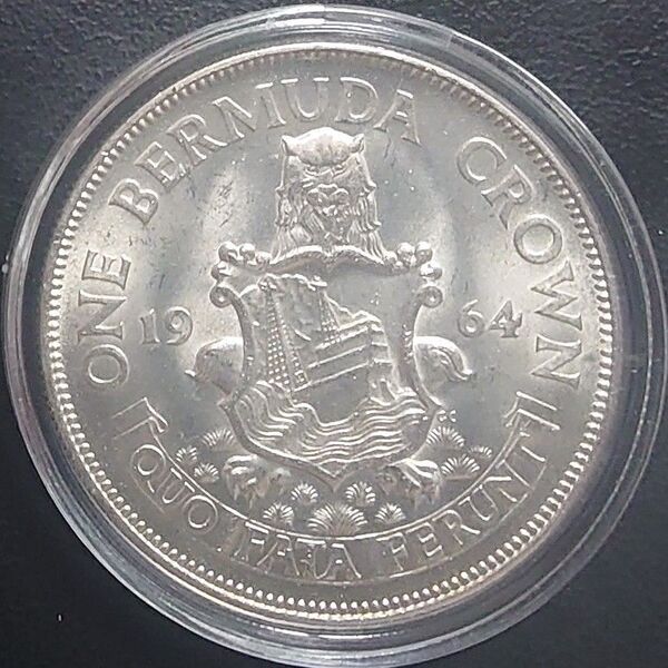 1964年 イギリス領バミューダ クラウン銀貨 国章を持つライオン銀貨 エリザベス