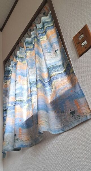 《 送料込み 》タペストリーのようなカフェカーテン*ハンドメイド*海の風景と夕陽*油絵風*シーチング生地*模様がえ
