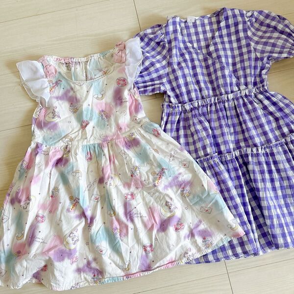 ゆめかわ チェック ラベンダー ワンピースセット 110 ワンピース 花柄 女の子 キッズ 6-7才 子供服