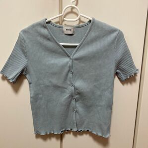 W.W.G リブ編みボタン付き半袖カットソー くすみブルー フリーサイズ