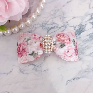 ポニーフックリボン ハンドメイド ビンクローズ バラ 花柄 ピンク