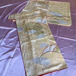 着物 付け下げ 袷 シャンパン ゴールド クリーム色 正絹 金糸 アンティーク 綸子 扇柄 レトロ 和服