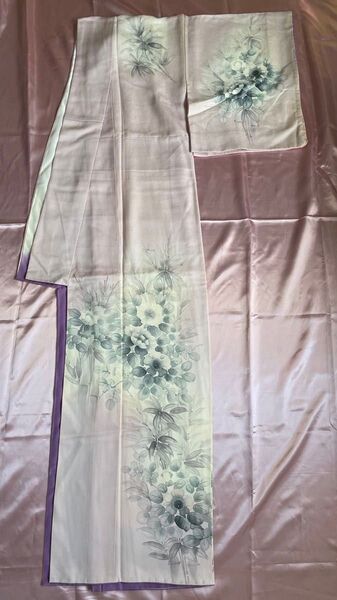 着物 袷 訪問着 正絹 水彩画風 花 パープル 紫 ピンク ライラック リメイク素材