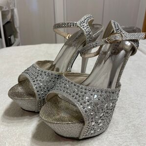 厚底ヒールサンダル 14cmヒール sugar ラインストーン ラメ シルバー 23.5cm