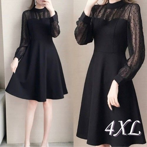 【新品】ワンピース 4XL 5L 黒 ブラック 大きいサイズ 結婚式 ドレス 上品 Aライン ドット 水玉 細見え 可愛い レース