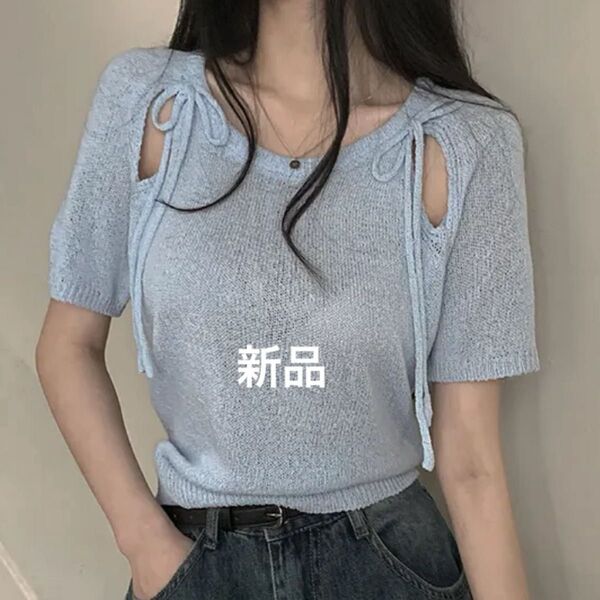 韓国 服 万能 トップス サマーニット 半袖 レディース 水色 スカイブルー ファッション かわいい シンプル