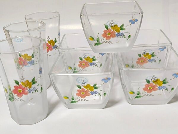 ☆KAMEI GLASS Robelia ☆八角 グラス コップ 3個 ☆ 4角 小鉢 5個☆花柄 すりガラス カメイグラス
