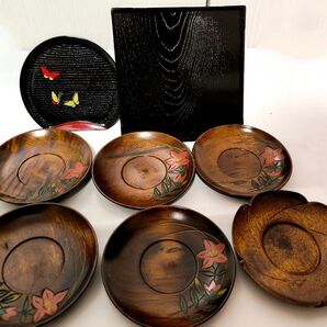 ☆木製 茶托 花 草花 彫刻 5枚☆花型 1枚☆木工芸 木彫り 茶道具☆和菓子受け 茶菓子☆ 菓子皿 セット