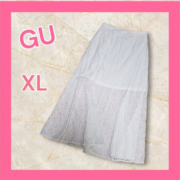 未使用 GU ジーユー スカート ロング フレア レース レディース XL LL 2L 白 ホワイト 花柄 総柄 フラワー