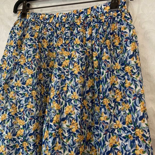 【良品〜美品 Elura】木の実 ボタニカル フレア ロングスカート M L ブルー オレンジ ウエストゴム 綿100