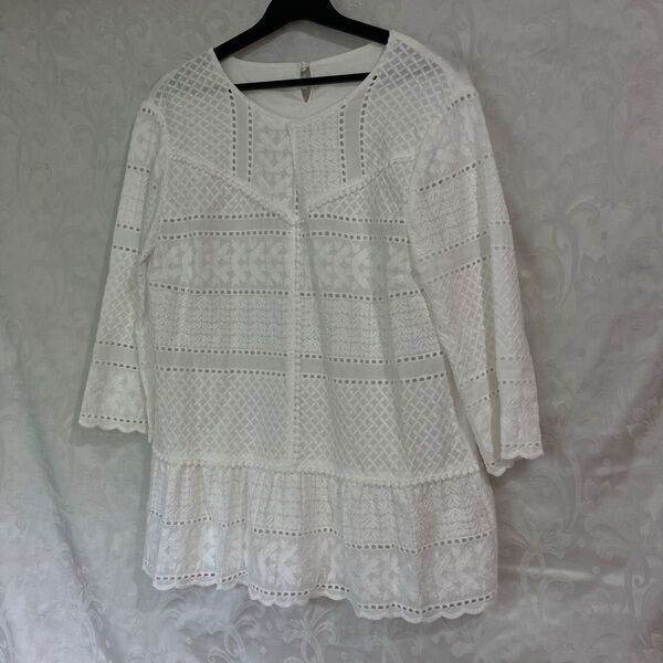 【良品〜美品に近い】パッチワーク 刺繍 レース カットソー Tシャツ M ホワイト トップス 総柄 綿 七分袖