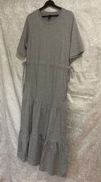 【美品に近い シーイン】Dazy クルーネック ティアード カットソー ロングワンピース M グレー 綿 ウエストマーク A
