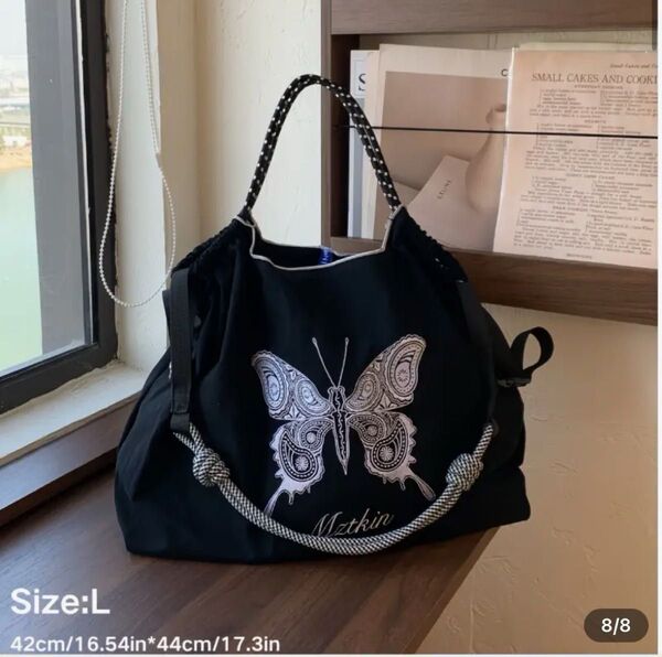 刺繍 エコバック BLACK バタフライ L 大容量 (新品)旅行 軽量折りたたみ 調整ストラップ付