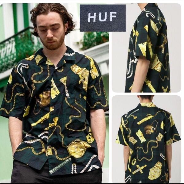 HUF ハフ 総柄 半袖 開衿シャツ オーバーサイズ ネズミ チェーン Lサイズ