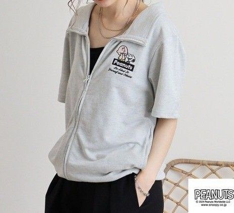 スヌーピー ミニ裏毛 パーカー フルZIP半袖カットソー メンズL G