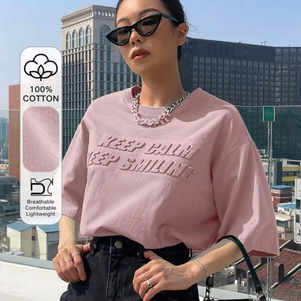 DAZY スローガン柄 ドロップショルダー Tシャツ tシャツ 半袖 ダスティピンク ピンク