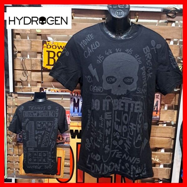 定価1.9万 HYDROGEN ハイドロゲン 総柄 グラフィティー スカル プリント 半袖 Tシャツ L ブラック