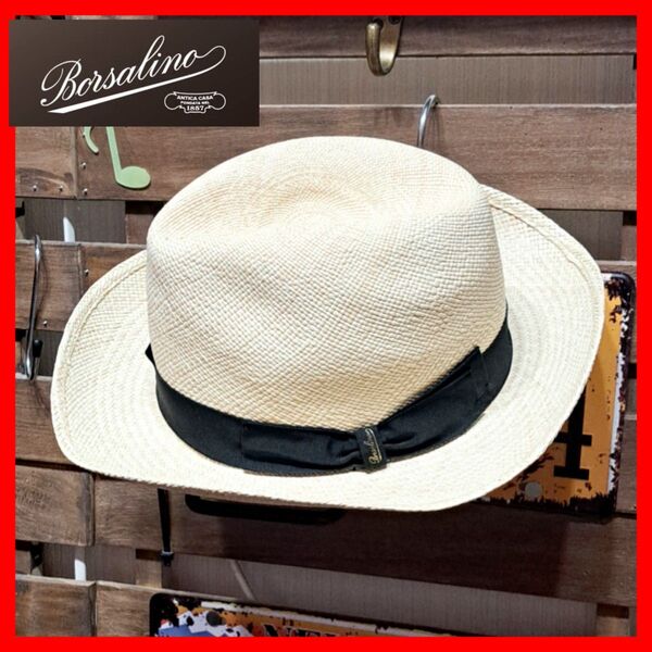 大きなサイズ! Borsalino ボルサリーノ アレッサンドリア 中折れ パナマハット 59㎝ イタリア製 アイボリーホワイト