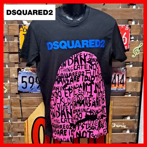 Dsquared2 ディースクエアード ピンク ネオンカラー マルチロゴペイント 半袖 Tシャツ M ブラック