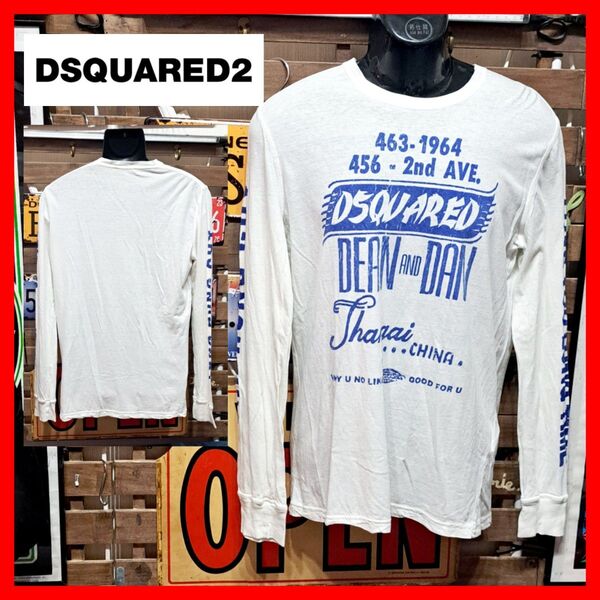 Dsquared2 ディースクエアード ロゴプリント クラック加工 長袖Tシャツ ロンT L ホワイト