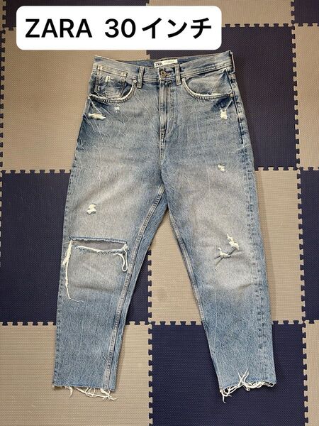 W30 ZARA ダメージ デニム パンツ ジーンズ ワイド クロップド アンクル カットオフ リーバイス ビンテージ メンズ