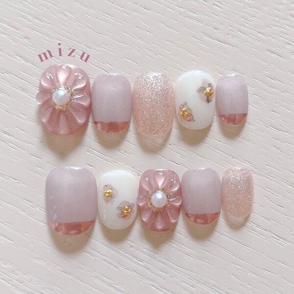 現品 ネイルチップ マグネット ニュアンス ぷっくりフラワー お花 結婚式 成人式 春 韓国