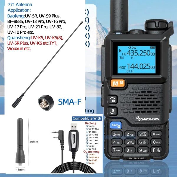 プリセットスペアナ機能付き広帯域受信機 UV-K5の上位機種 UV-5R PLUSとアンテナ2本、プログラミングケーブルのセット