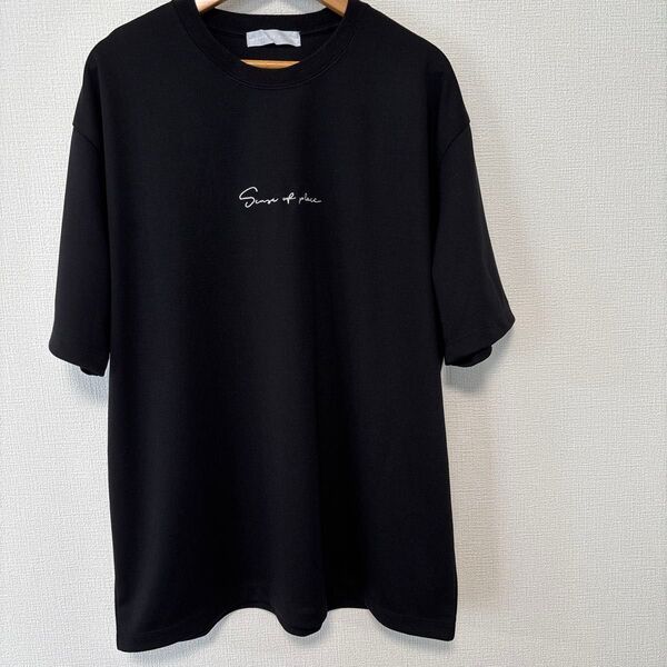 センスオブプレイス アーバンリサーチ メンズ 5分袖 半袖 Tシャツ カットソー ワンポイント 刺繍 ストレッチ ブラック 黒 M