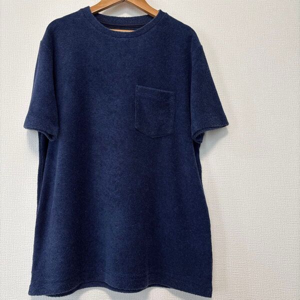 417 エディフィス メンズ パイル 半袖 Tシャツ 無地 シンプル ポケット カジュアル 大きめ 夏 コットン 綿 ネイビー L