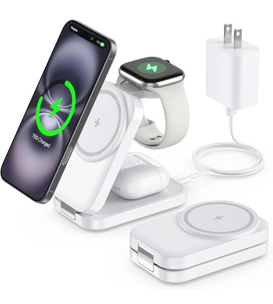 3in1 magsafe充電器 折り畳み式 ワイヤレス2.5-15W出力 スタンド マグネット充電器 20W 日本語取扱書付き