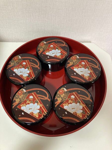 山中漆器 漆塗り 寿司桶 蓋付き器&茶碗 5客用セット