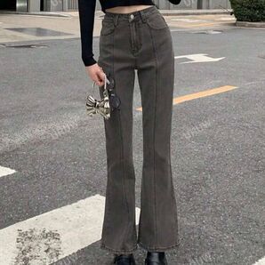 ルーズフィットポケット付き ベルボトムジーンズ デニム ジーンズ SHEIN 無地柄 ハイウェスト ブーツカット フレアジーンズ